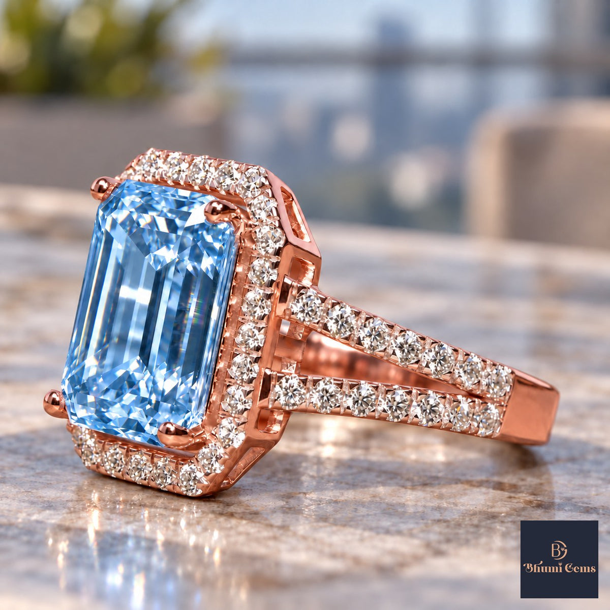Blue Emerald Cut Lab Grown Diamond Engagement Ring - Halo Split Shank in rose gold, close-up