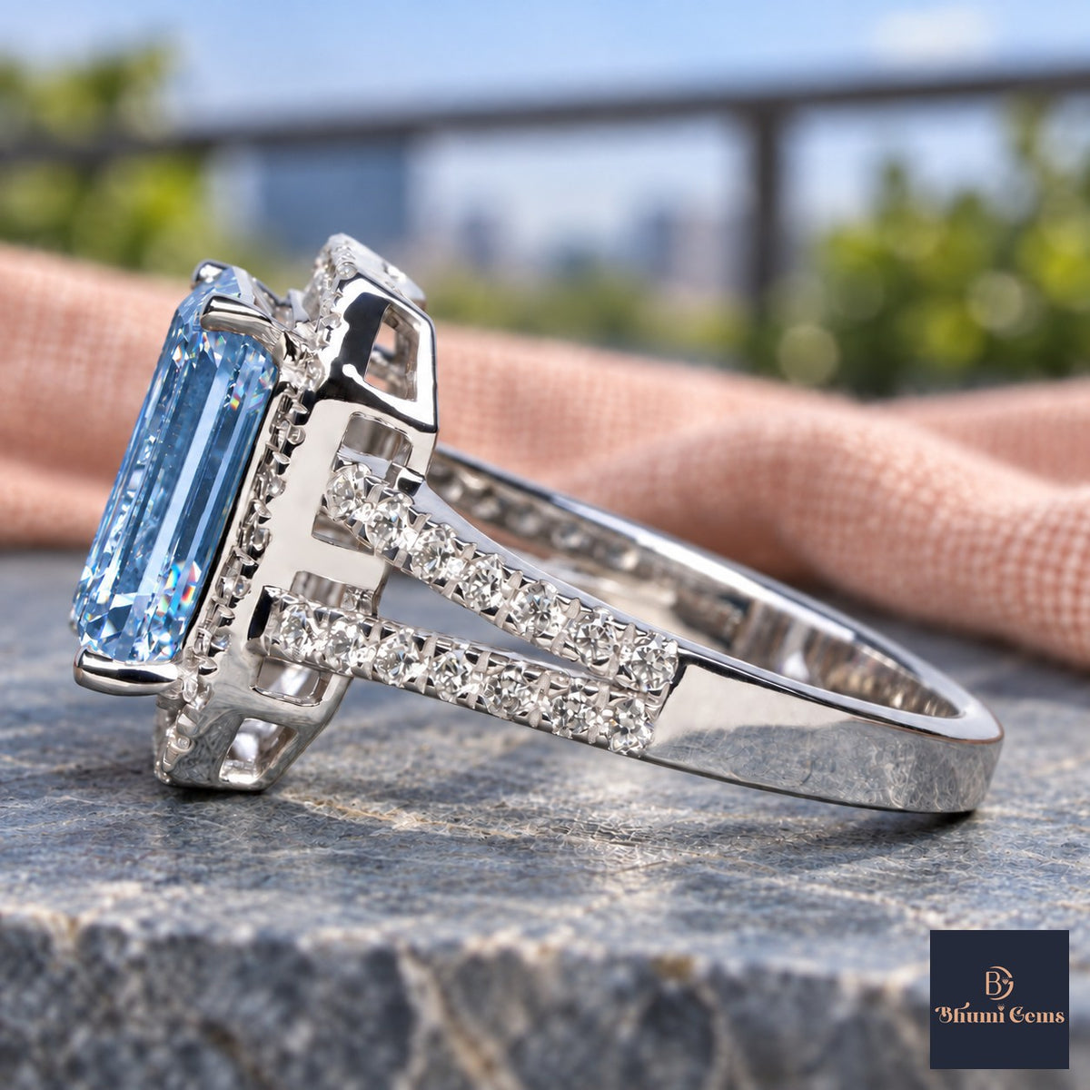Blue Emerald Cut Lab Grown Diamond Engagement Ring - Halo Split Shank in white gold, side view