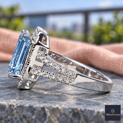 Blue Emerald Cut Lab Grown Diamond Engagement Ring - Halo Split Shank in white gold, side view