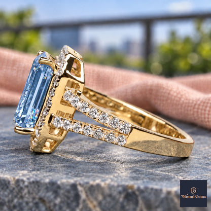 Blue Emerald Cut Lab Grown Diamond Engagement Ring - Halo Split Shank in yellow gold, side view