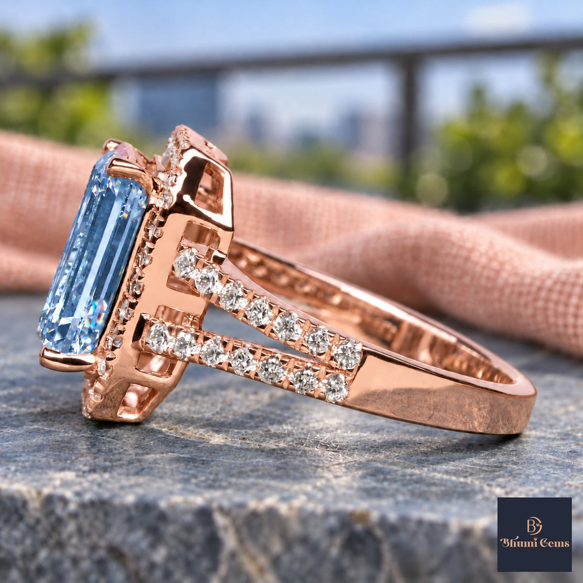 Blue Emerald Cut Lab Grown Diamond Engagement Ring - Halo Split Shank in rose gold, side view