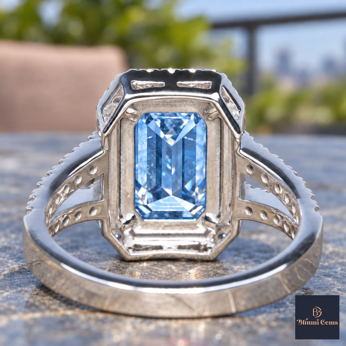 Blue Emerald Cut Lab Grown Diamond Engagement Ring - Halo Split Shank in white gold, gallery view