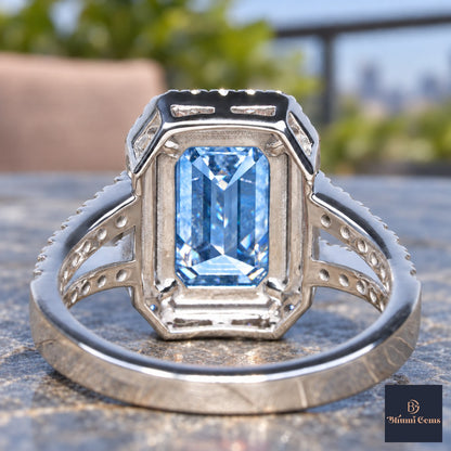 Blue Emerald Cut Lab Grown Diamond Engagement Ring - Halo Split Shank in white gold, gallery view