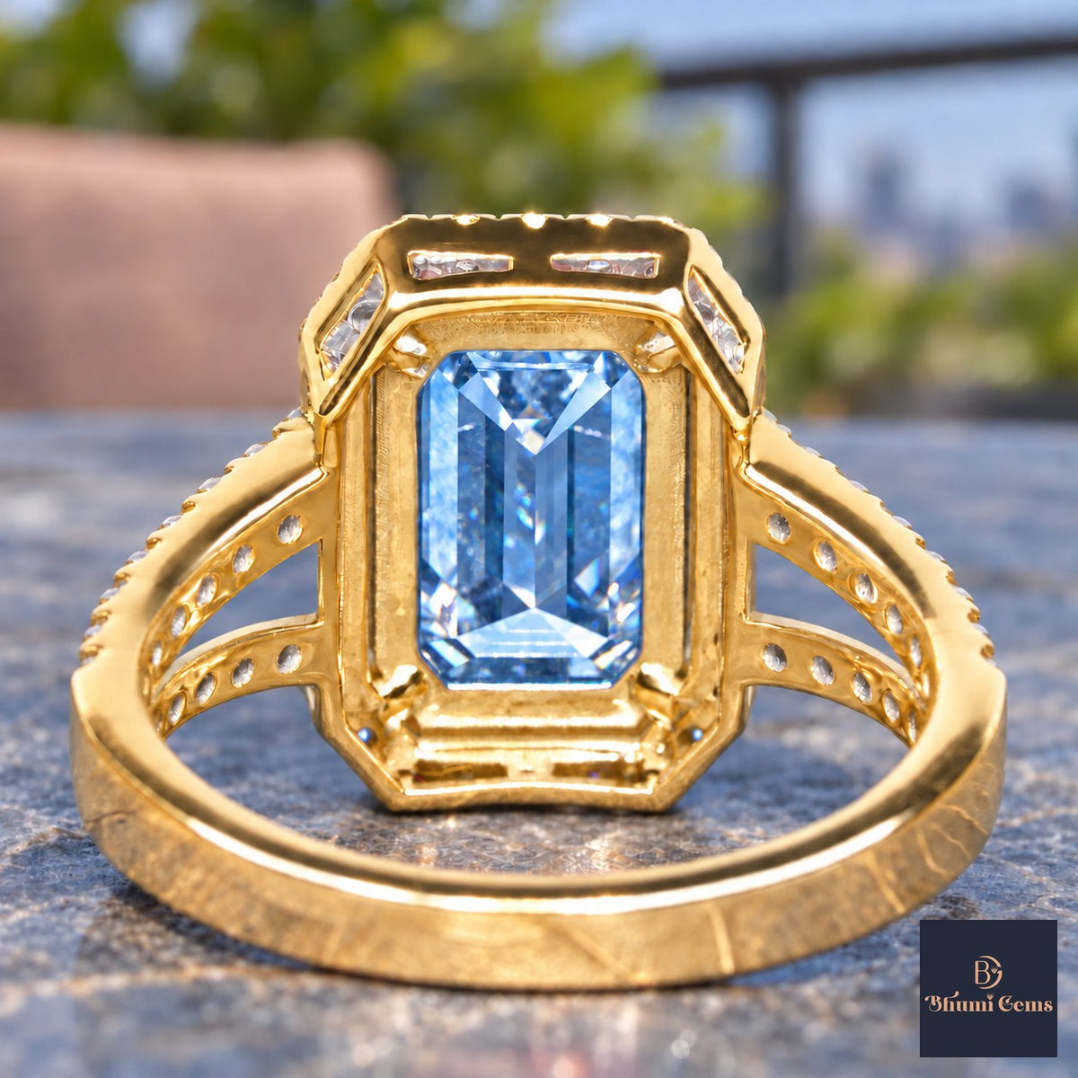 Blue Emerald Cut Lab Grown Diamond Engagement Ring - Halo Split Shank in yellow gold, gallery view
