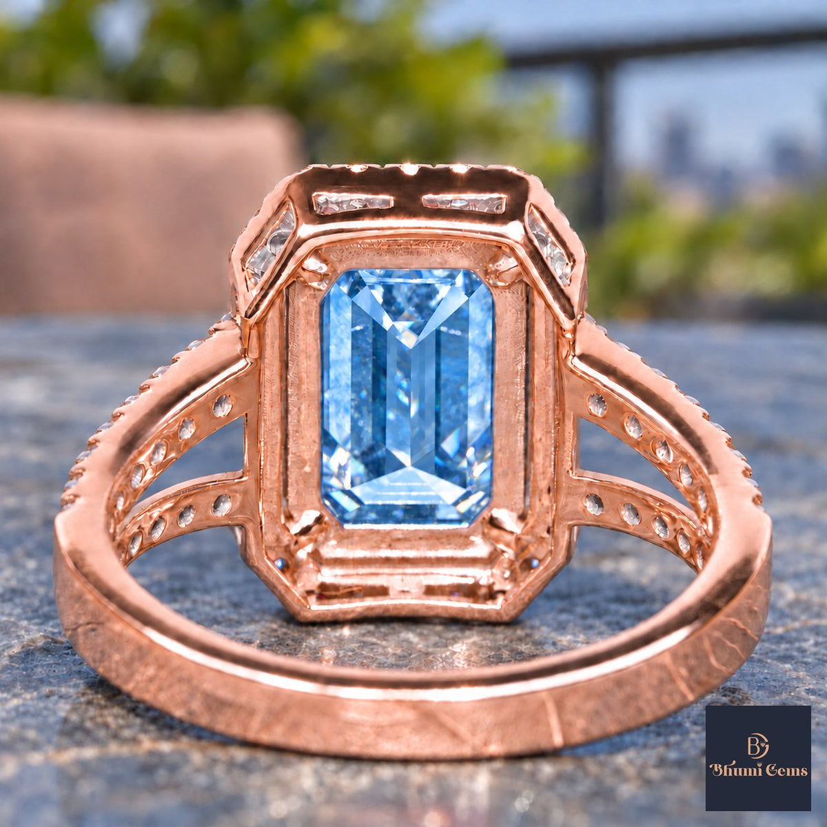 Blue Emerald Cut Lab Grown Diamond Engagement Ring - Halo Split Shank in rose gold, gallery view