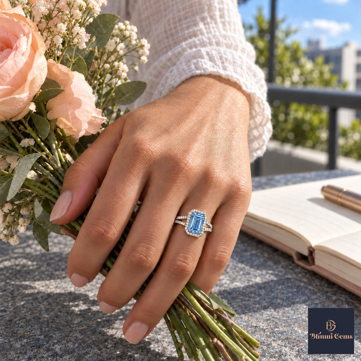 Blue Emerald Cut Lab Grown Diamond Engagement Ring - Halo Split Shank in yellow gold, worn on the hand
