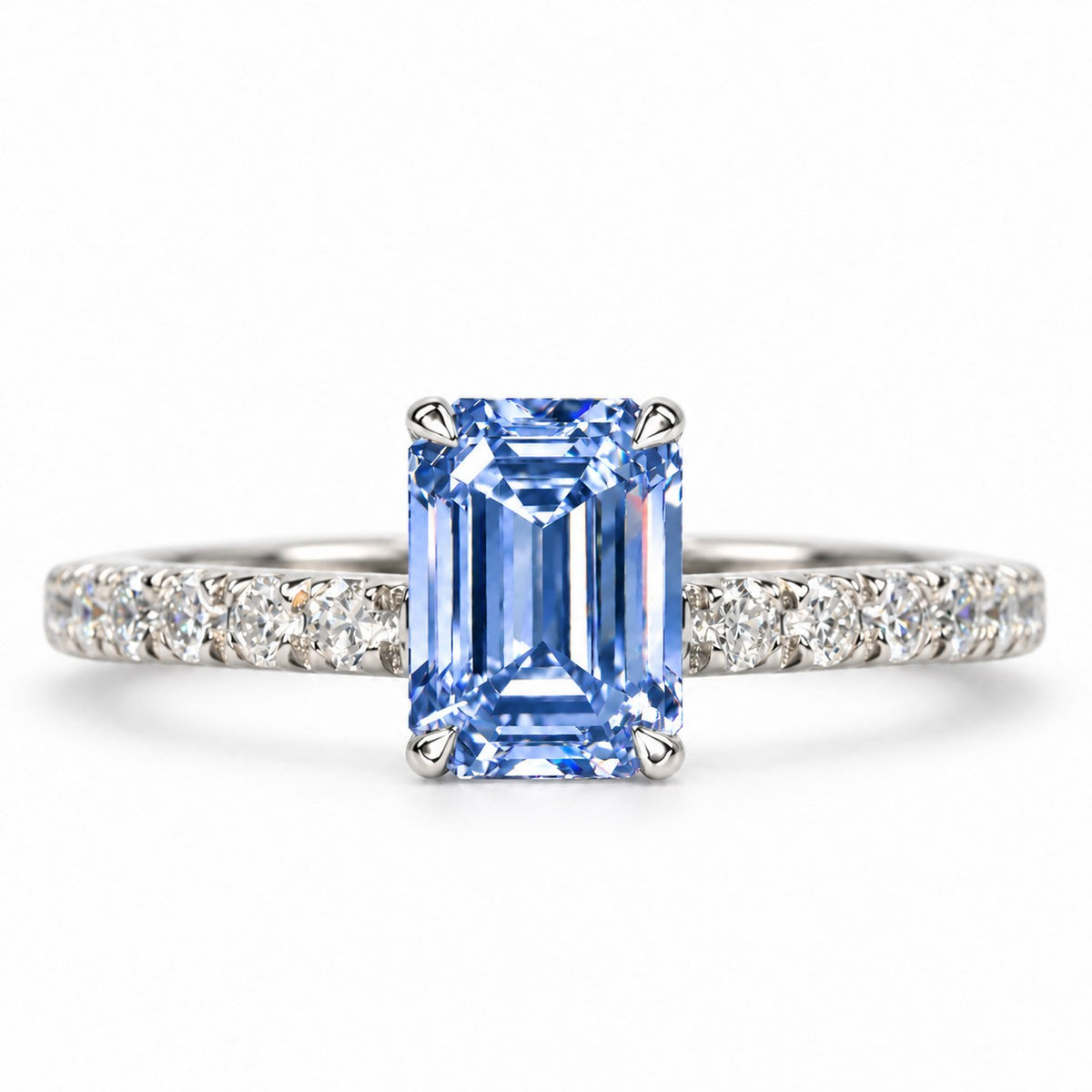 Blue Emerald Cut Lab Grown Diamond Engagement Ring - Pave Band in white gold, front view