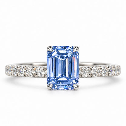 Blue Emerald Cut Lab Grown Diamond Engagement Ring - Pave Band in white gold, front view