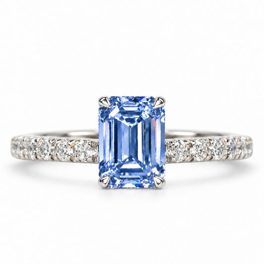 Blue Emerald Cut Lab Grown Diamond Engagement Ring - Pave Band in white gold, front view