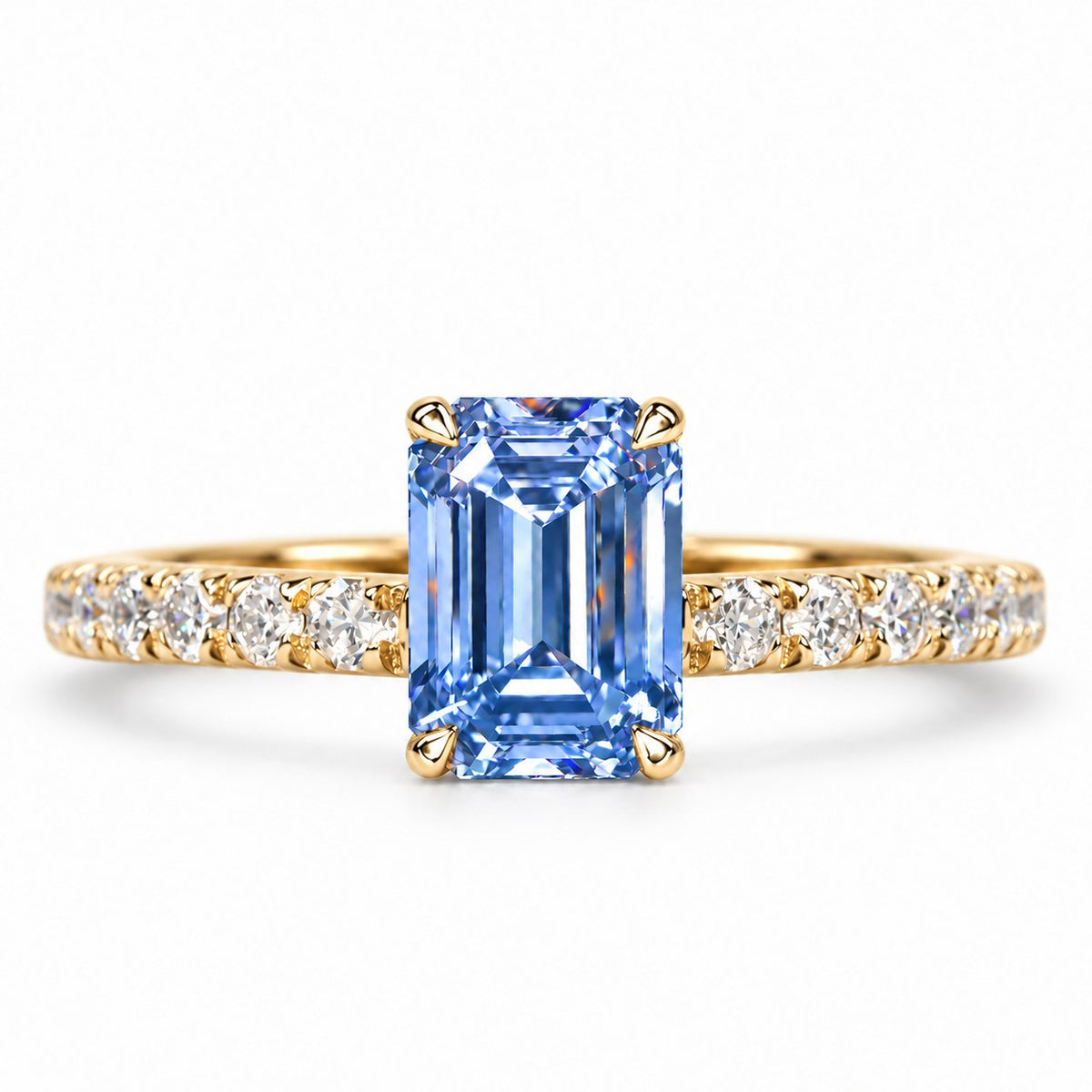 Blue Emerald Cut Lab Grown Diamond Engagement Ring - Pave Band in yellow gold, front view