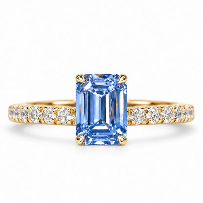 Blue Emerald Cut Lab Grown Diamond Engagement Ring - Pave Band in yellow gold, front view