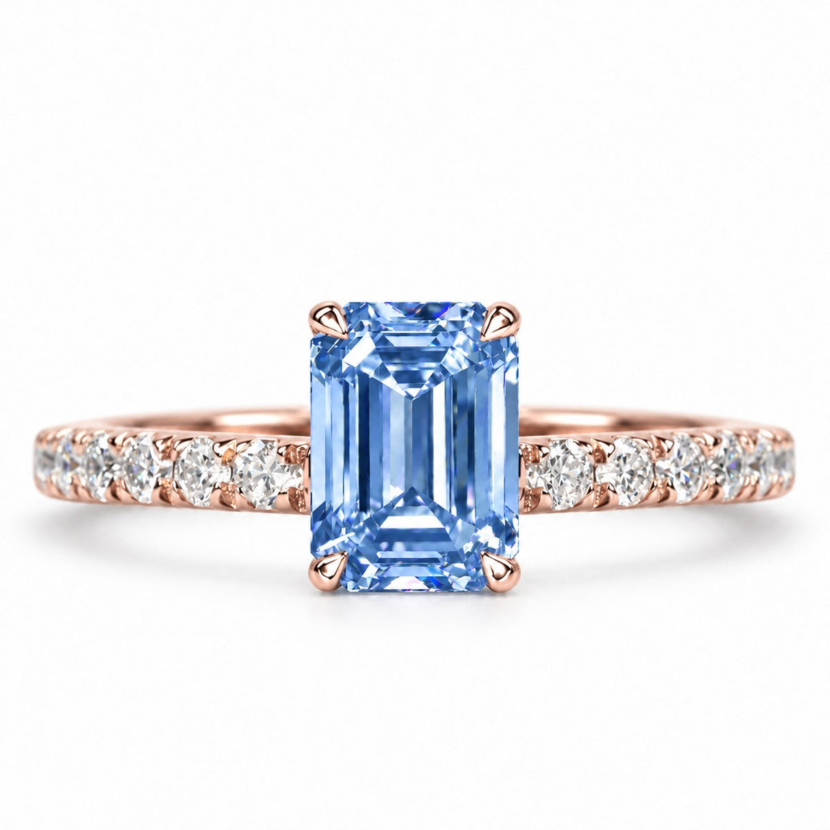 Blue Emerald Cut Lab Grown Diamond Engagement Ring - Pave Band in rose gold, front view