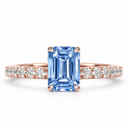Blue Emerald Cut Lab Grown Diamond Engagement Ring - Pave Band in rose gold, front view