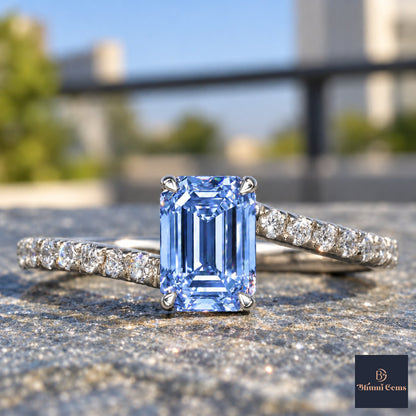 Blue Emerald Cut Lab Grown Diamond Engagement Ring - Pave Band in white gold, close-up