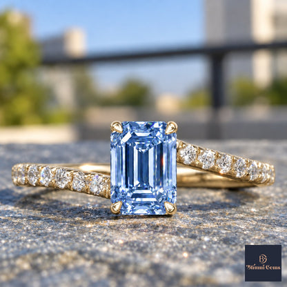 Blue Emerald Cut Lab Grown Diamond Engagement Ring - Pave Band in yellow gold, close-up