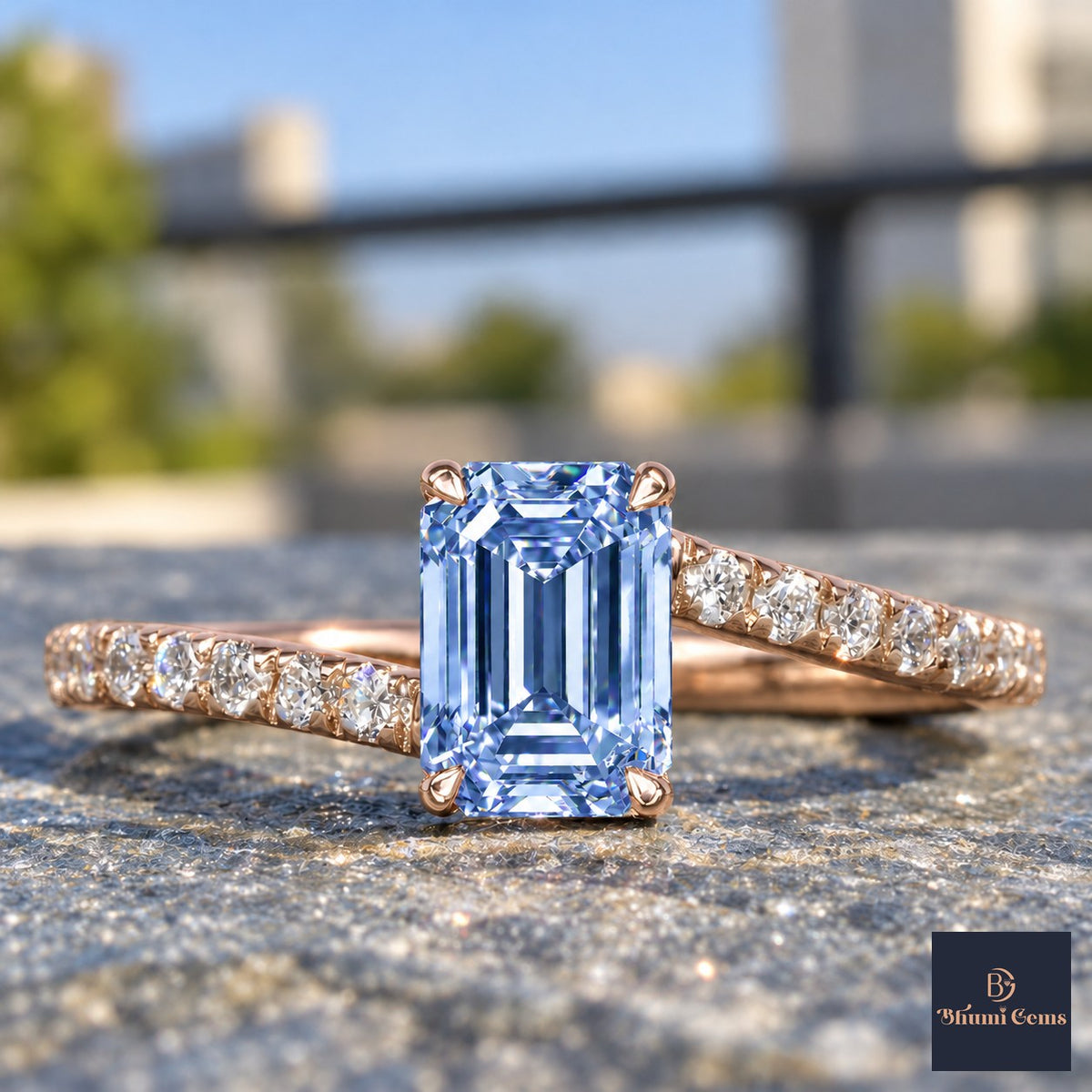 Blue Emerald Cut Lab Grown Diamond Engagement Ring - Pave Band in rose gold, close-up