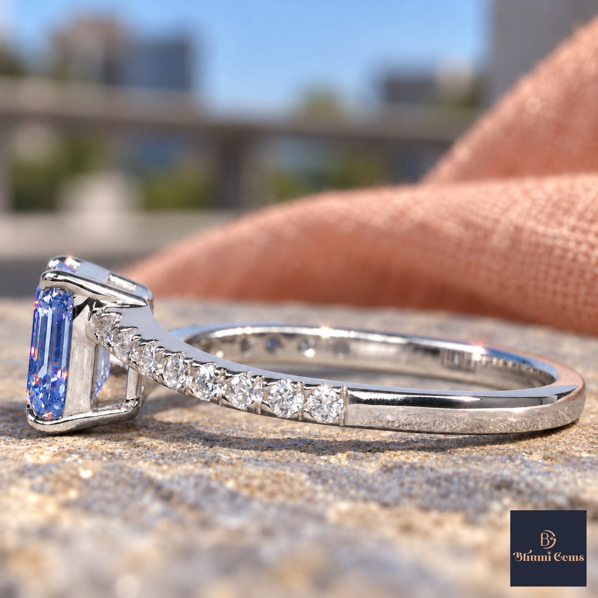 Blue Emerald Cut Lab Grown Diamond Engagement Ring - Pave Band in white gold, side view