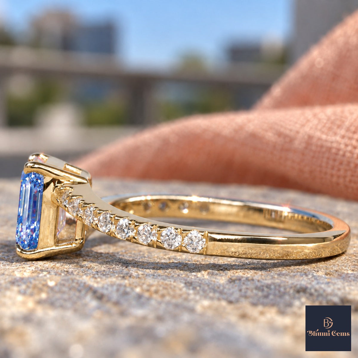 Blue Emerald Cut Lab Grown Diamond Engagement Ring - Pave Band in yellow gold, side view