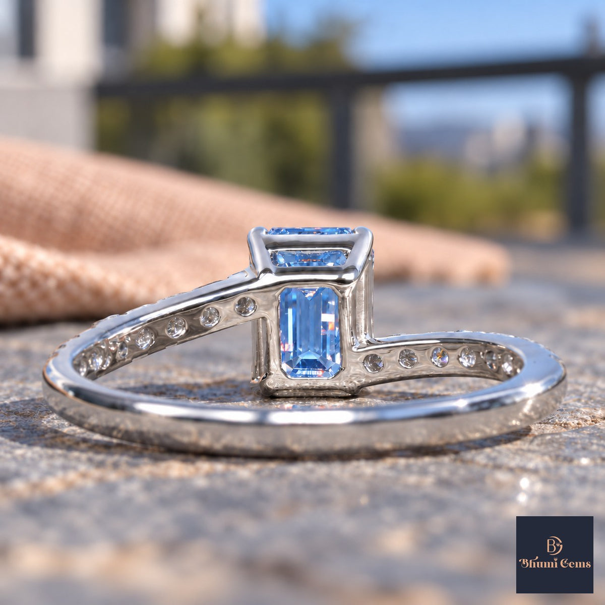 Blue Emerald Cut Lab Grown Diamond Engagement Ring - Pave Band in white gold, gallery view