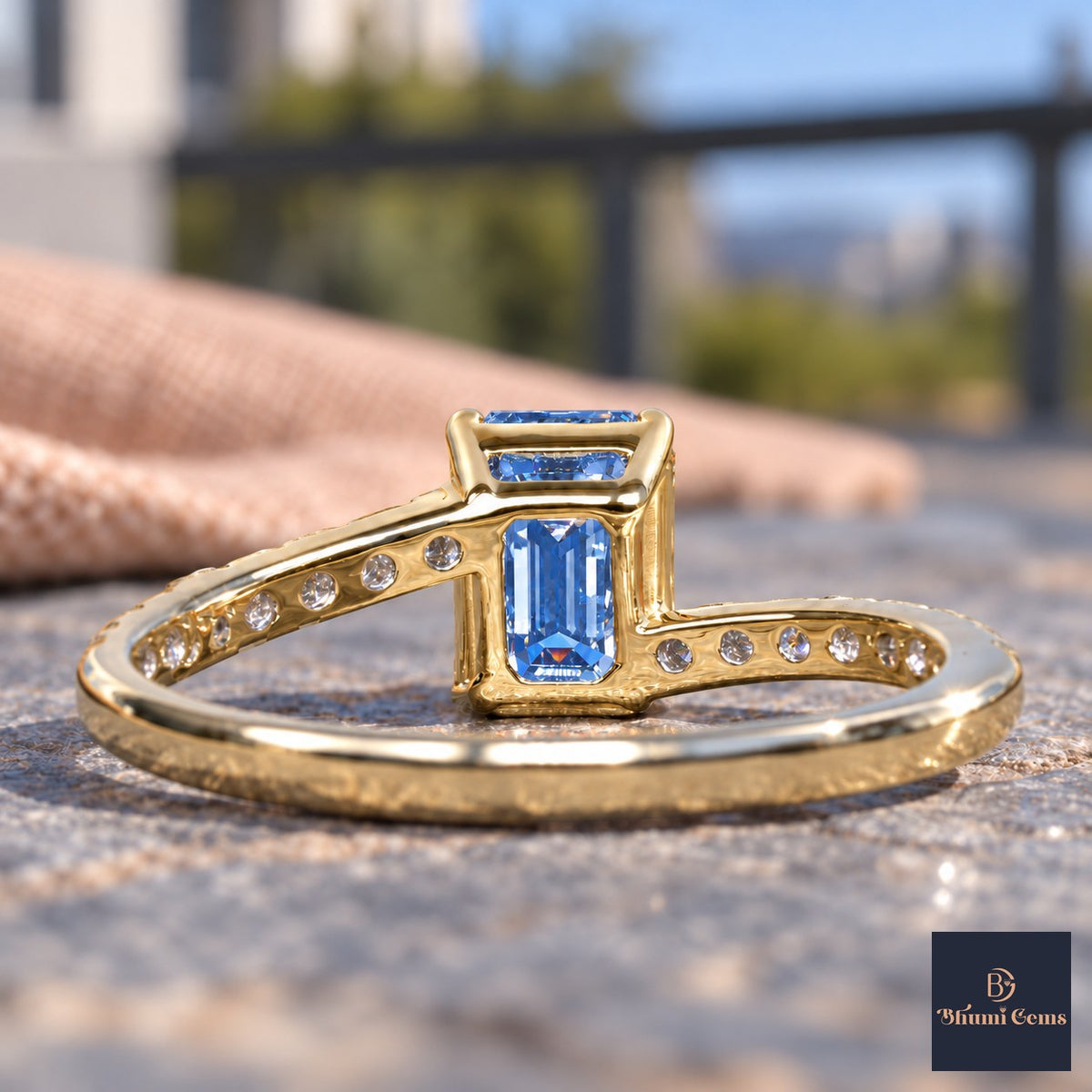 Blue Emerald Cut Lab Grown Diamond Engagement Ring - Pave Band in yellow gold, gallery view