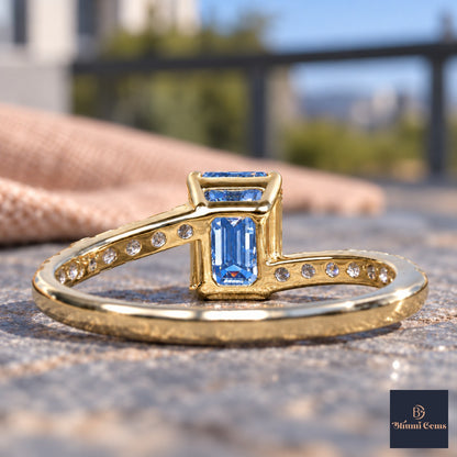 Blue Emerald Cut Lab Grown Diamond Engagement Ring - Pave Band in yellow gold, gallery view