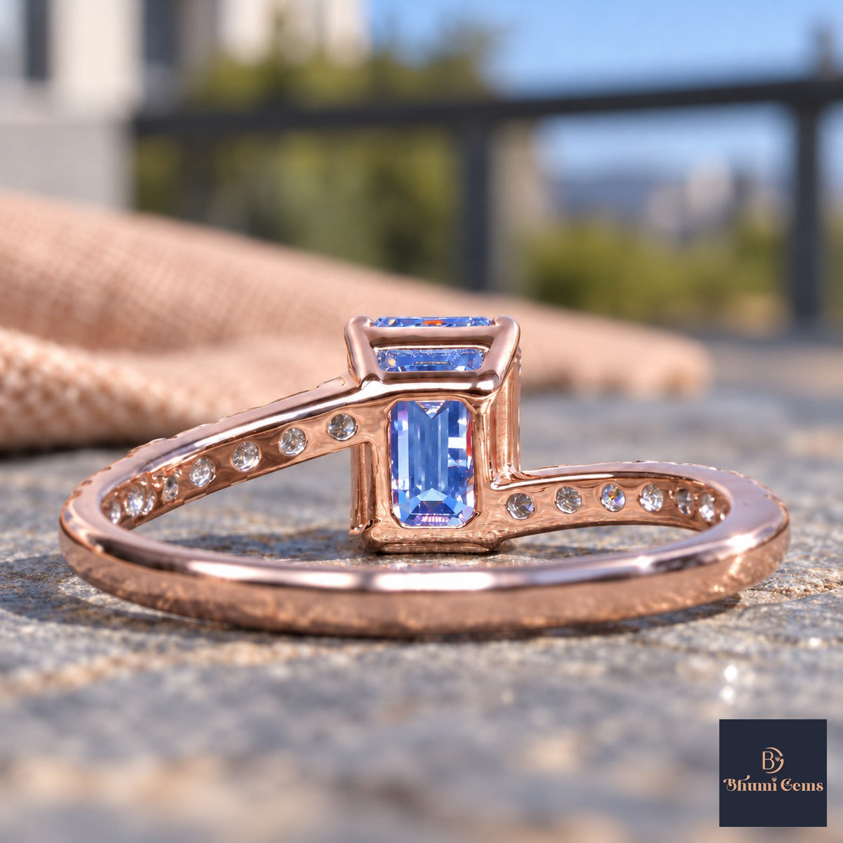 Blue Emerald Cut Lab Grown Diamond Engagement Ring - Pave Band in rose gold, gallery view