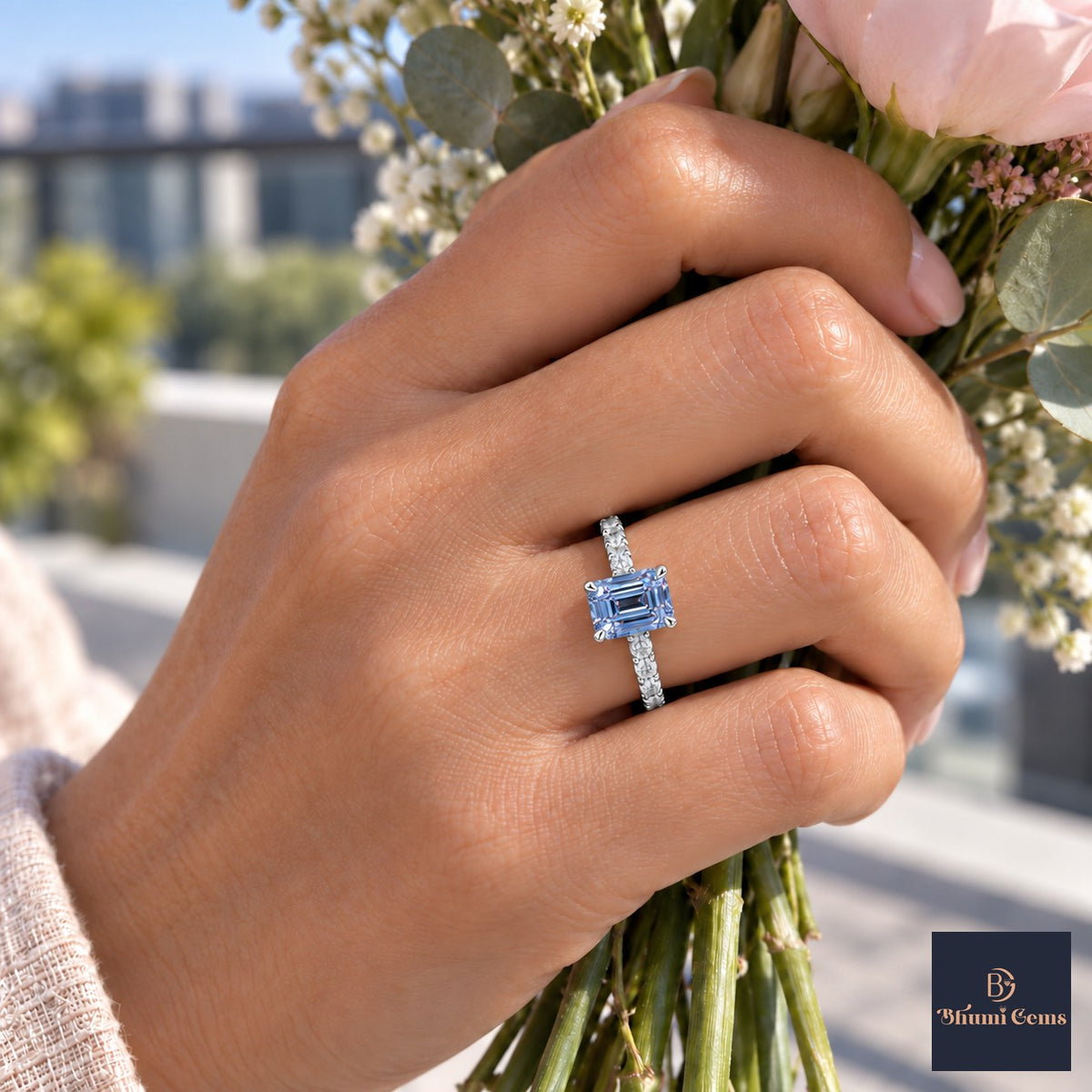 Blue Emerald Cut Lab Grown Diamond Engagement Ring - Pave Band in white gold, on the hand