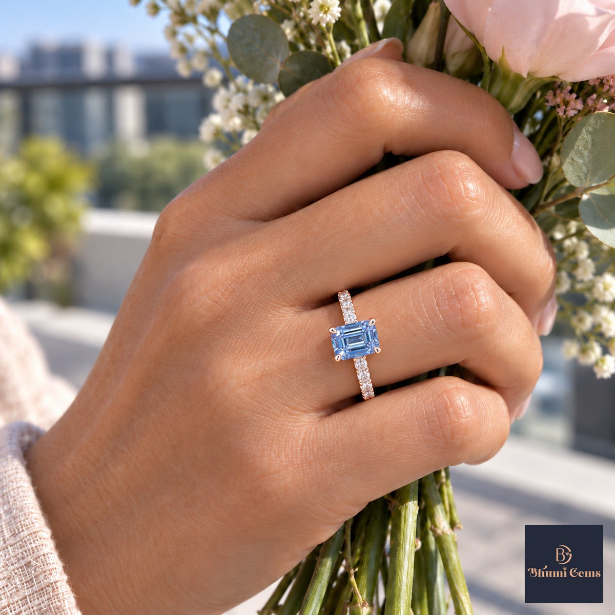 Blue Emerald Cut Lab Grown Diamond Engagement Ring - Pave Band in rose gold, on the hand