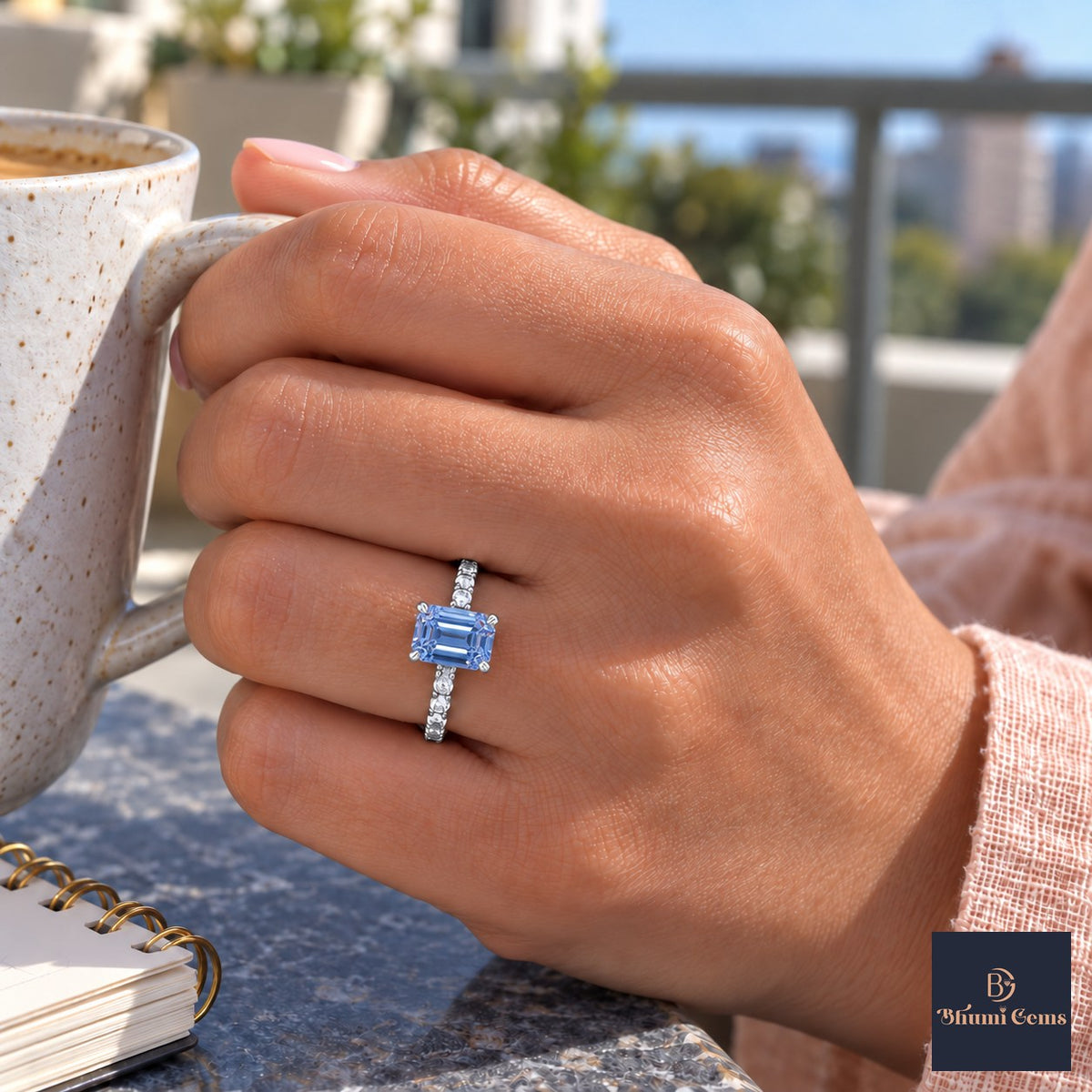Blue Emerald Cut Lab Grown Diamond Engagement Ring - Pave Band in white gold, worn on the hand