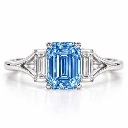 Blue Emerald Cut Lab Grown Diamond Engagement Ring - Trapezoid Three Stone in white gold, front view