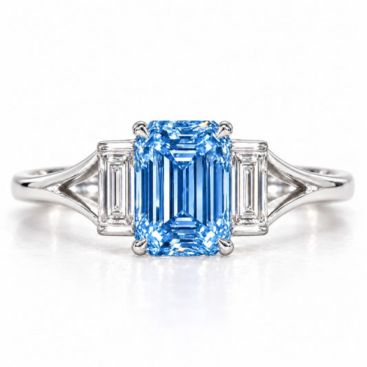 Blue Emerald Cut Lab Grown Diamond Engagement Ring - Trapezoid Three Stone in white gold, front view