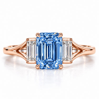 Blue Emerald Cut Lab Grown Diamond Engagement Ring - Trapezoid Three Stone in rose gold, front view