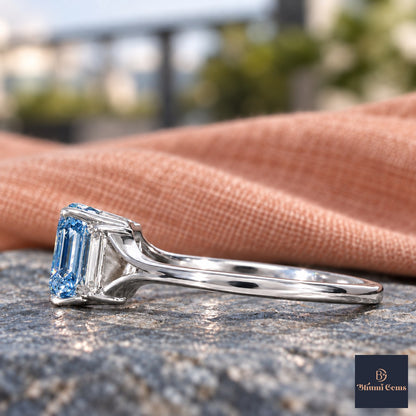 Blue Emerald Cut Lab Grown Diamond Engagement Ring - Trapezoid Three Stone in white gold, side view