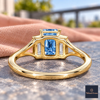 Blue Emerald Cut Lab Grown Diamond Engagement Ring - Trapezoid Three Stone in yellow gold, gallery view