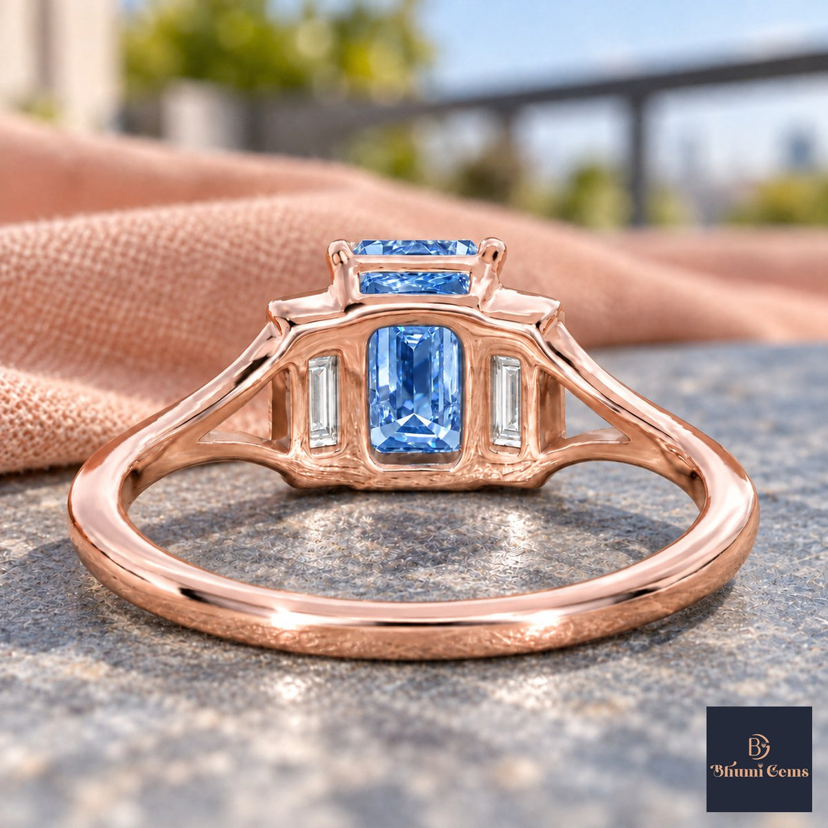 Blue Emerald Cut Lab Grown Diamond Engagement Ring - Trapezoid Three Stone in rose gold, gallery view