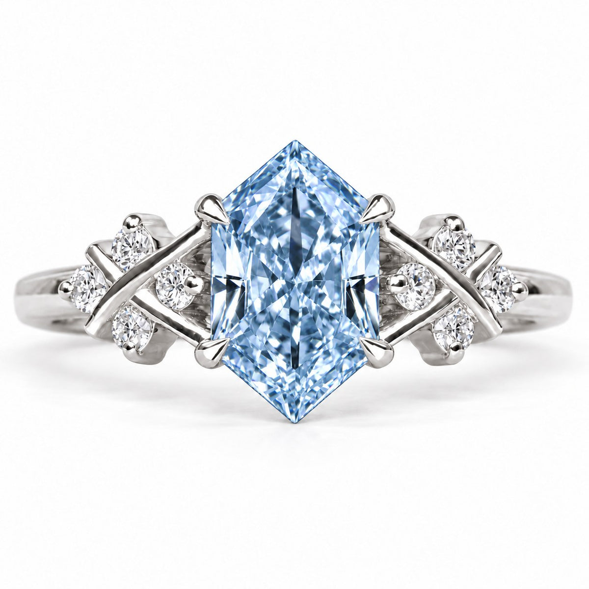 Blue Hexagon Cut Lab Grown Diamond Engagement Ring - Cluster Shoulders in white gold, front view