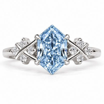 Blue Hexagon Cut Lab Grown Diamond Engagement Ring - Cluster Shoulders in white gold, front view