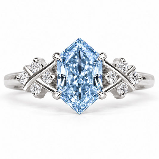 Blue Hexagon Cut Lab Grown Diamond Engagement Ring - Cluster Shoulders in white gold, front view