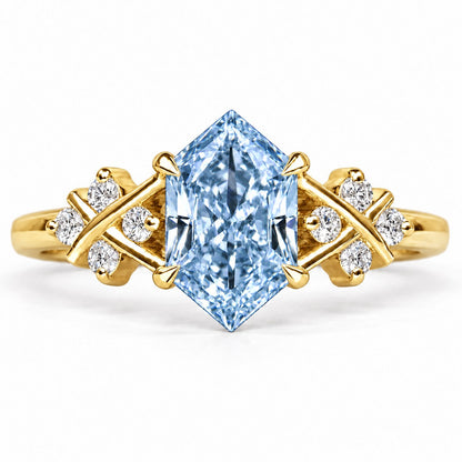 Blue Hexagon Cut Lab Grown Diamond Engagement Ring - Cluster Shoulders in yellow gold, front view