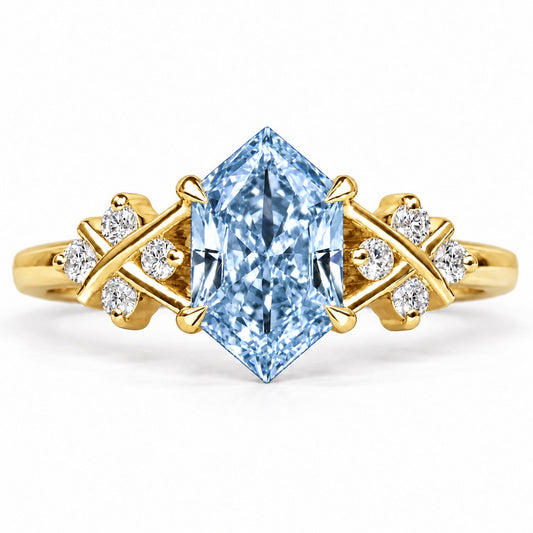 Blue Hexagon Cut Lab Grown Diamond Engagement Ring - Cluster Shoulders in yellow gold, front view