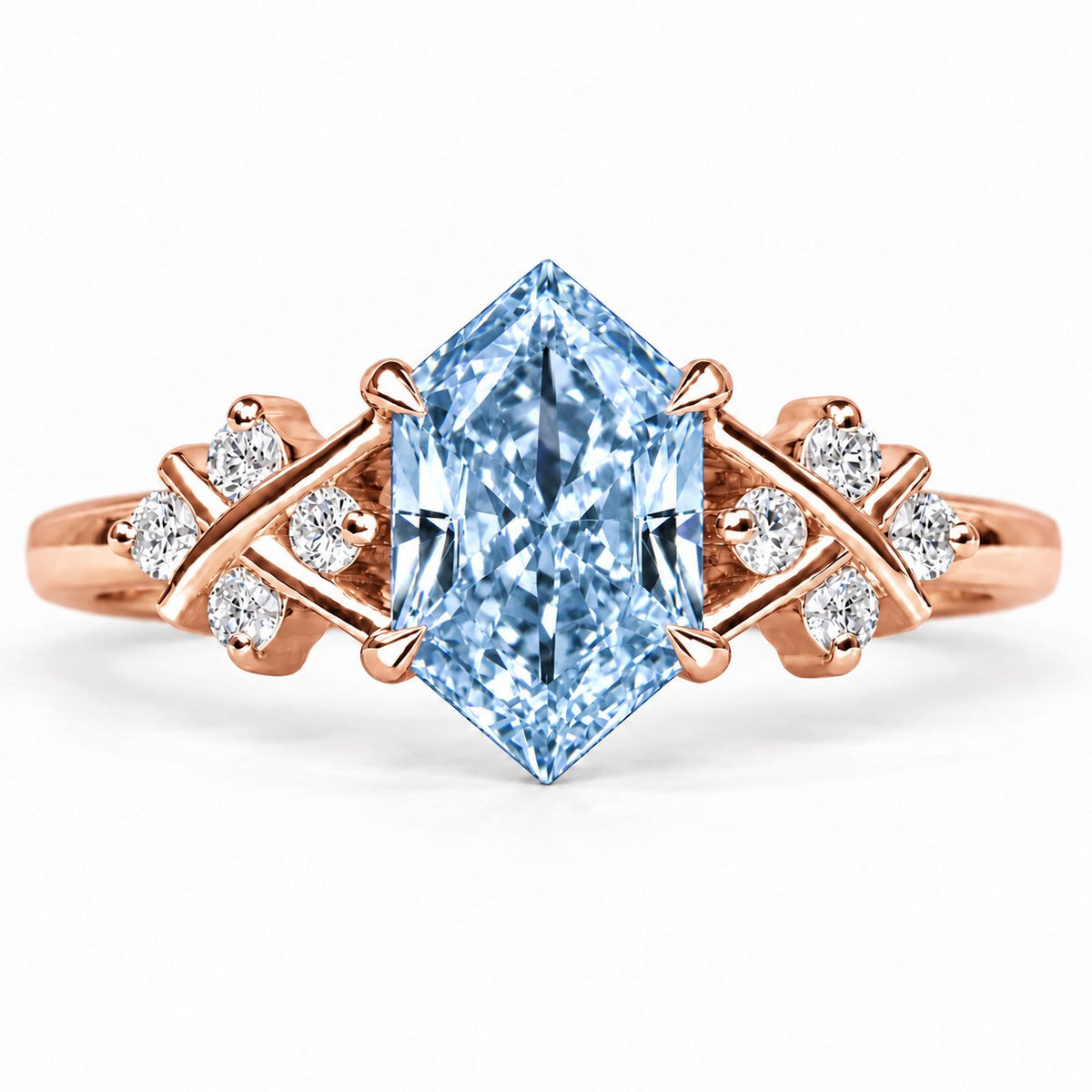 Blue Hexagon Cut Lab Grown Diamond Engagement Ring - Cluster Shoulders in rose gold, front view