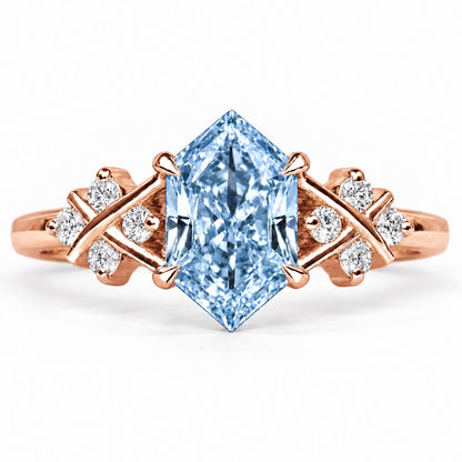 Blue Hexagon Cut Lab Grown Diamond Engagement Ring - Cluster Shoulders in rose gold, front view