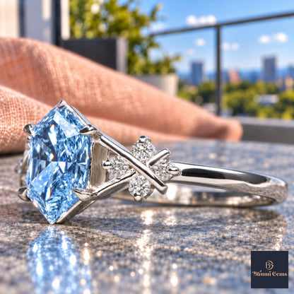 Blue Hexagon Cut Lab Grown Diamond Engagement Ring - Cluster Shoulders in white gold, close-up