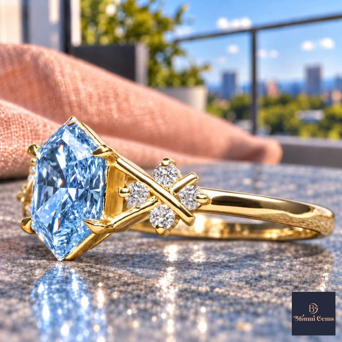 Blue Hexagon Cut Lab Grown Diamond Engagement Ring - Cluster Shoulders in yellow gold, close-up