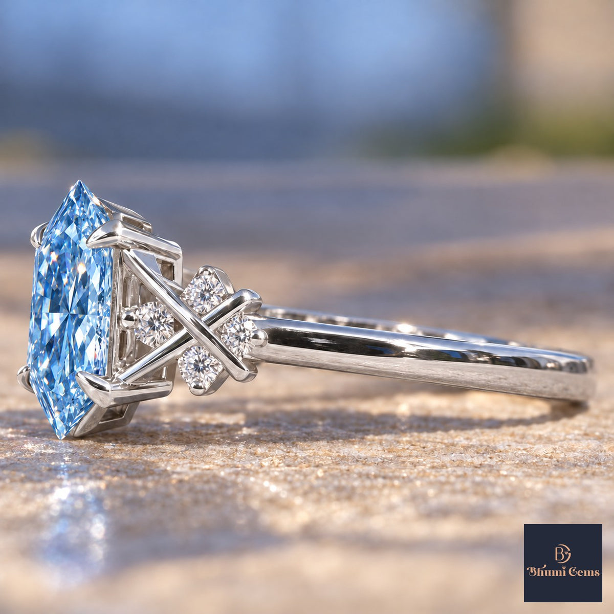 Blue Hexagon Cut Lab Grown Diamond Engagement Ring - Cluster Shoulders in white gold, side view