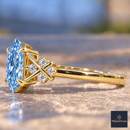 Blue Hexagon Cut Lab Grown Diamond Engagement Ring - Cluster Shoulders in yellow gold, side view