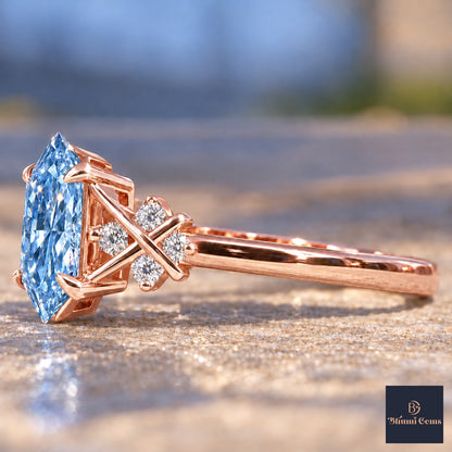 Blue Hexagon Cut Lab Grown Diamond Engagement Ring - Cluster Shoulders in rose gold, side view