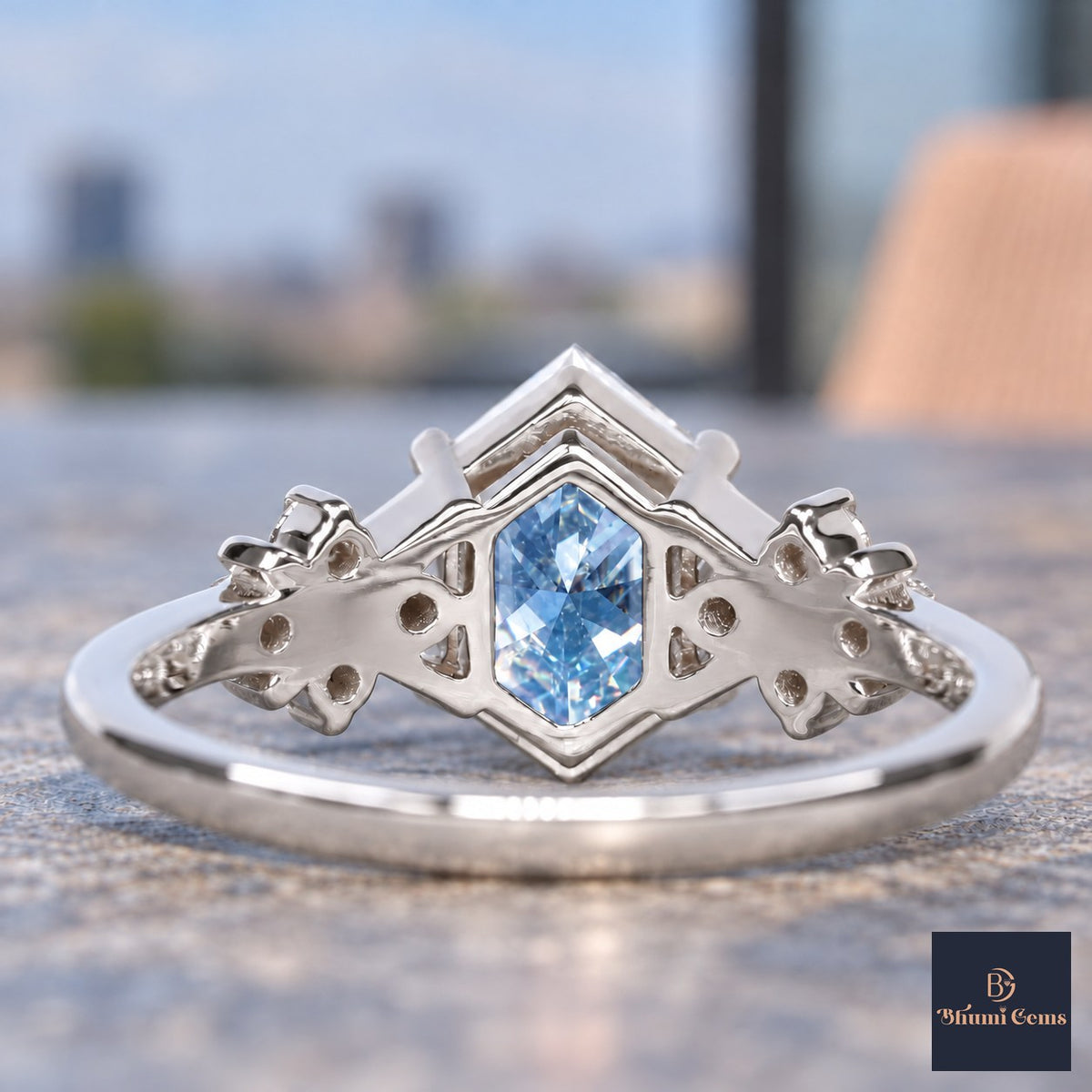 Blue Hexagon Cut Lab Grown Diamond Engagement Ring - Cluster Shoulders in white gold, gallery view