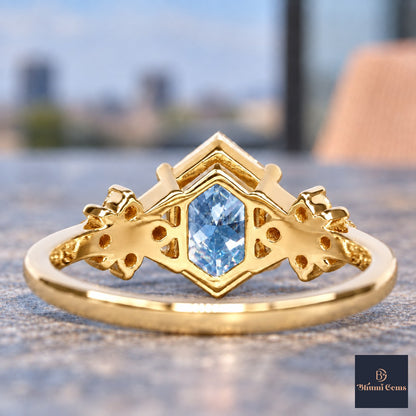 Blue Hexagon Cut Lab Grown Diamond Engagement Ring - Cluster Shoulders in yellow gold, gallery view