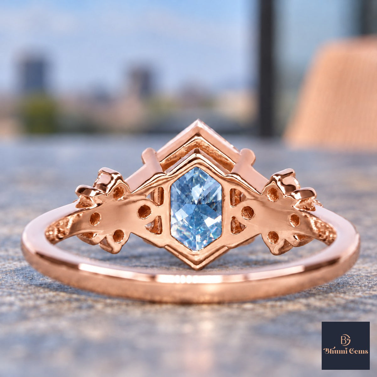 Blue Hexagon Cut Lab Grown Diamond Engagement Ring - Cluster Shoulders in rose gold, gallery view